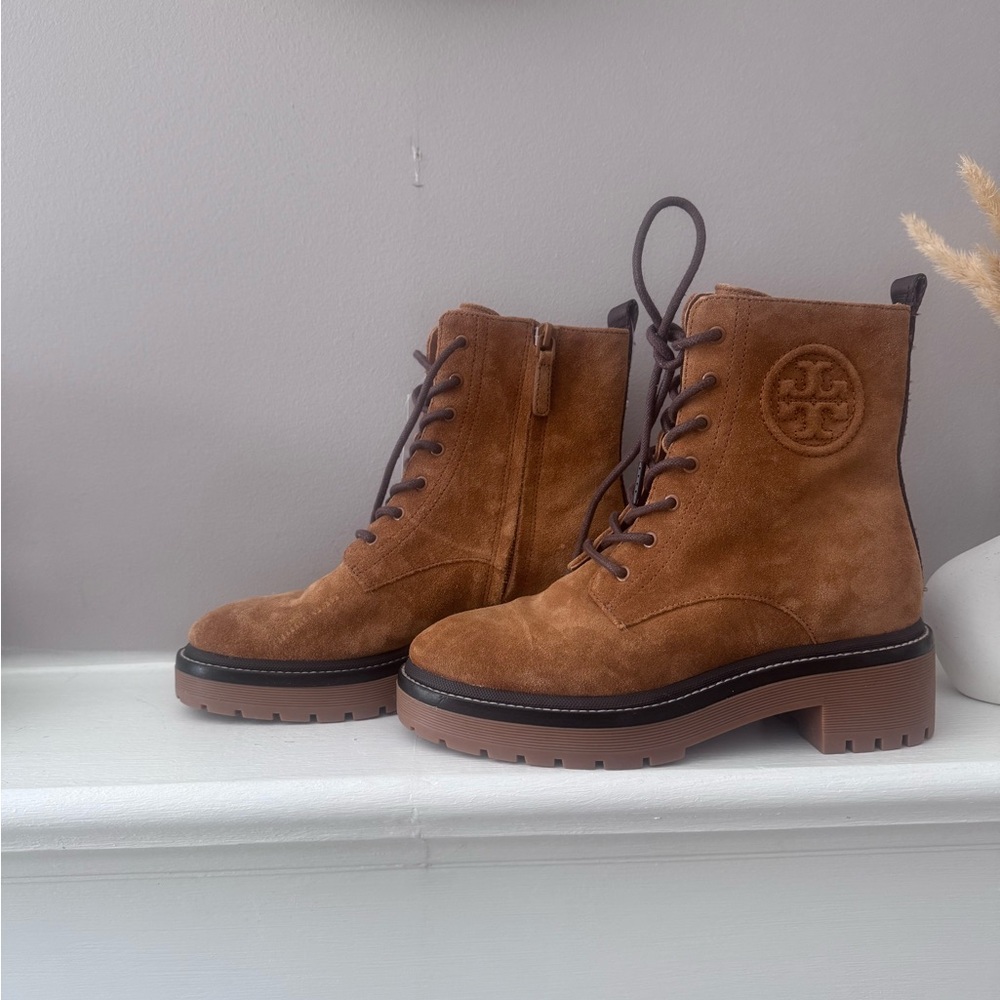New Tory Burch Tan Suede Ankle Booties s5.5M miller embossed suede combat boots - Picture 3 of 14